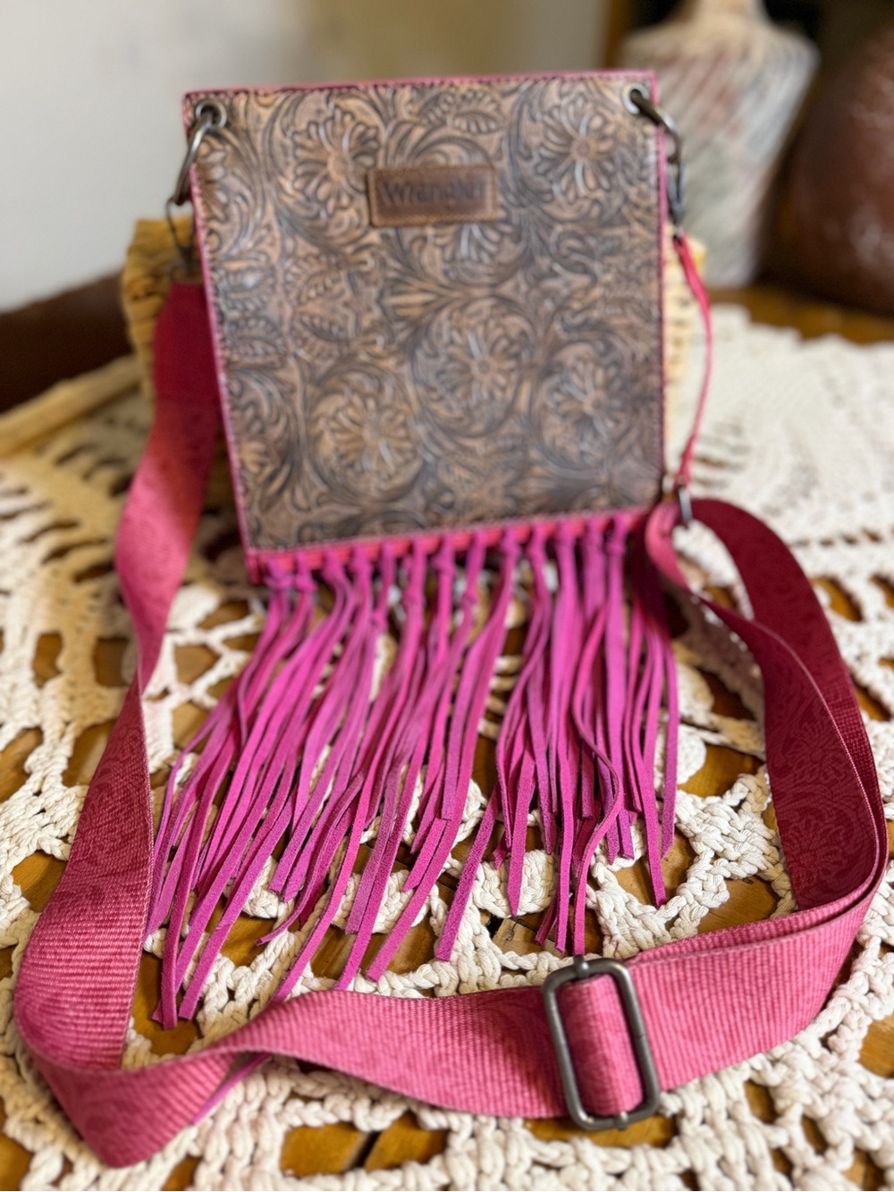Wrangler Western Crossbody Bag Pink Brown Tooled Floral Fringe Cowgirl Purse